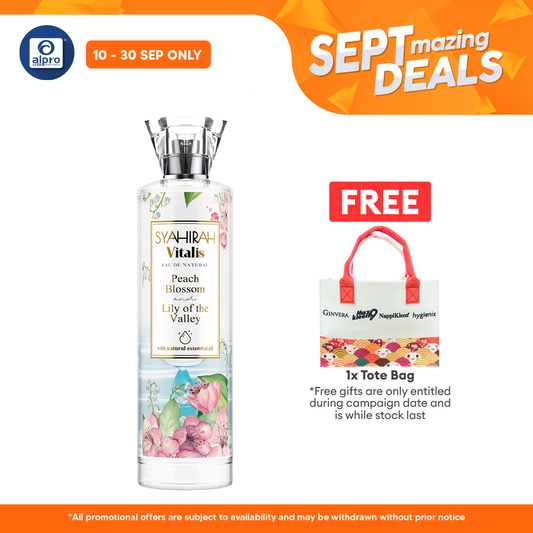 Syahirah Vitalis Eau De Natural Peach Blossom & Lily Natural Perfume 100mL | Improve Mood and Stress Alpro Pharmacy