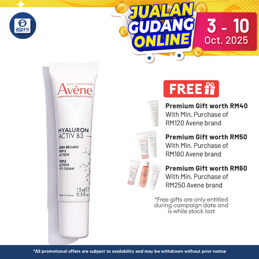 Avène Hyaluron Activ B3 Triple Action Eye Cream 15mL | Reduce Wrinkle, Eyebags, Dark Circle Alpro Pharmacy