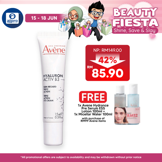 Avène Hyaluron Activ B3 Triple Action Eye Cream 15mL | Reduce Wrinkle, Eyebags, Dark Circle Avene