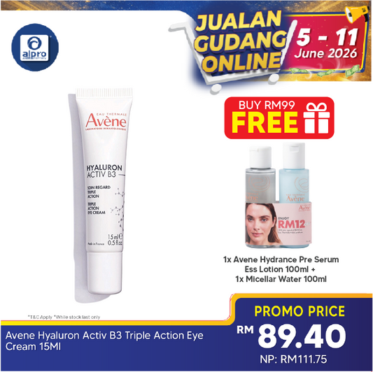 Avène Hyaluron Activ B3 Triple Action Eye Cream 15mL | Reduce Wrinkle, Eyebags, Dark Circle Avene