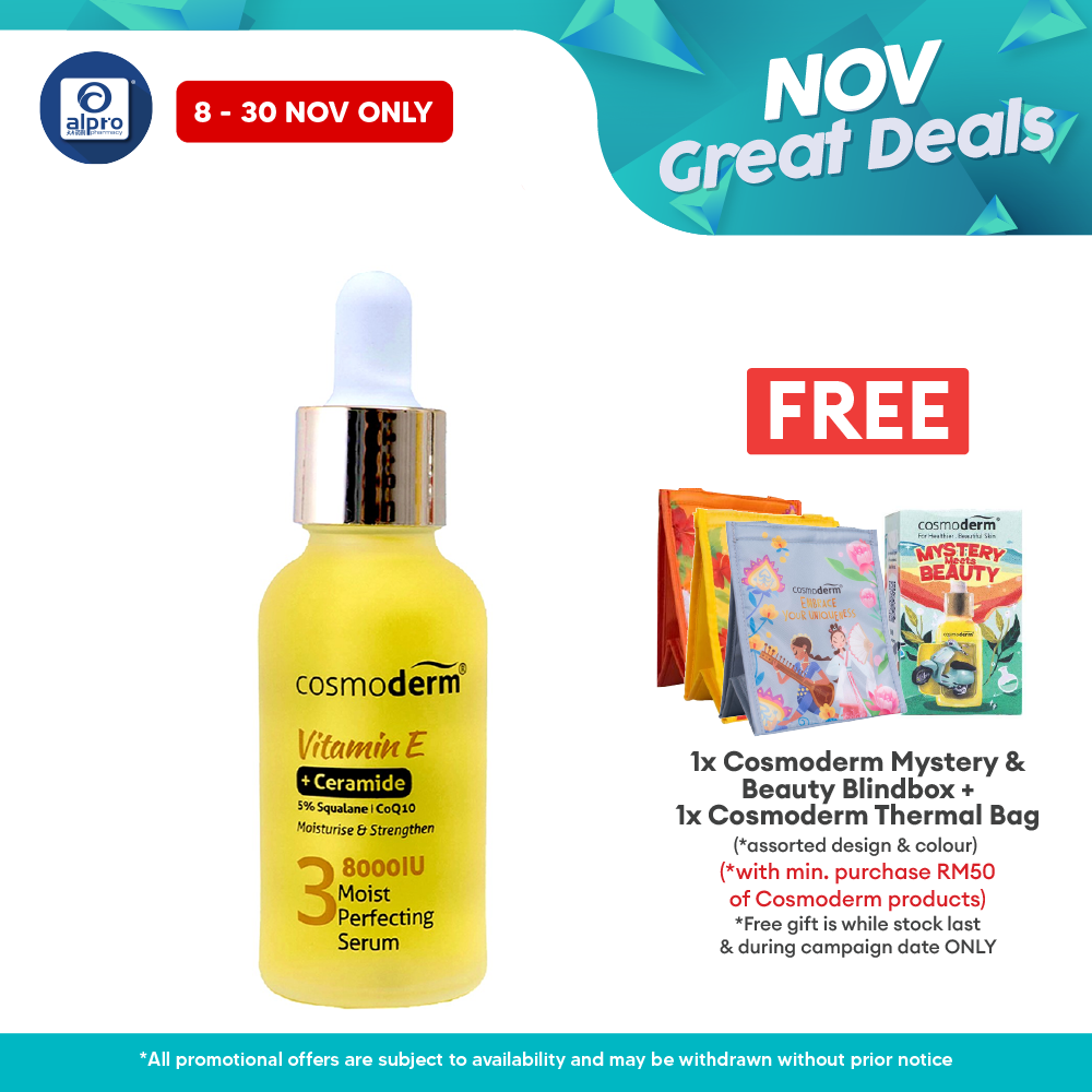 Cosmoderm Vitamin E Moist Perfecting Serum 30mL | Repair Rough and Dry Skin Alpro Pharmacy
