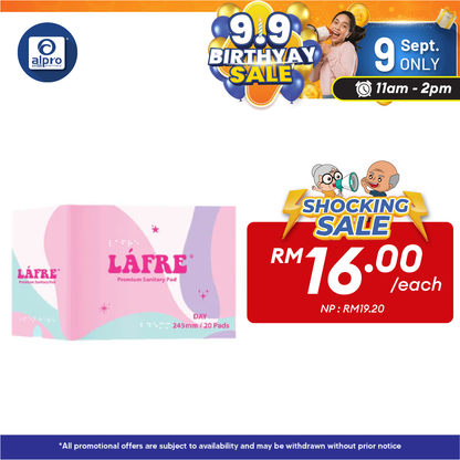 Lafre Sanitary Pads Day Use 245mm 20s | Lady Anion Far-IR Layer for Strong and Healthy Skin Alpro Pharmacy