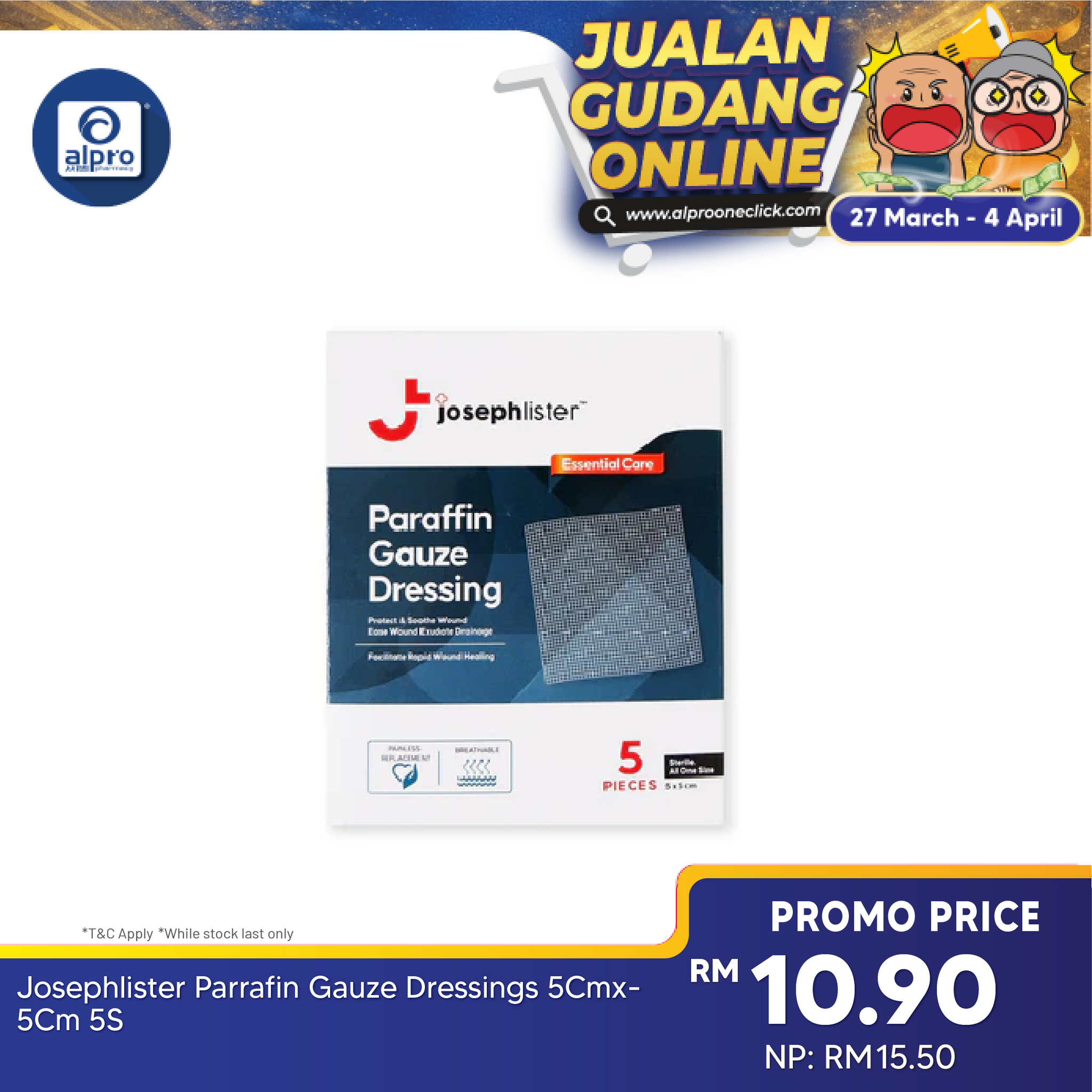 Josephlister Parrafin Gauze Dressings 5cmx5cm 5s| Protect & Soothe Wound Alpro Pharmacy