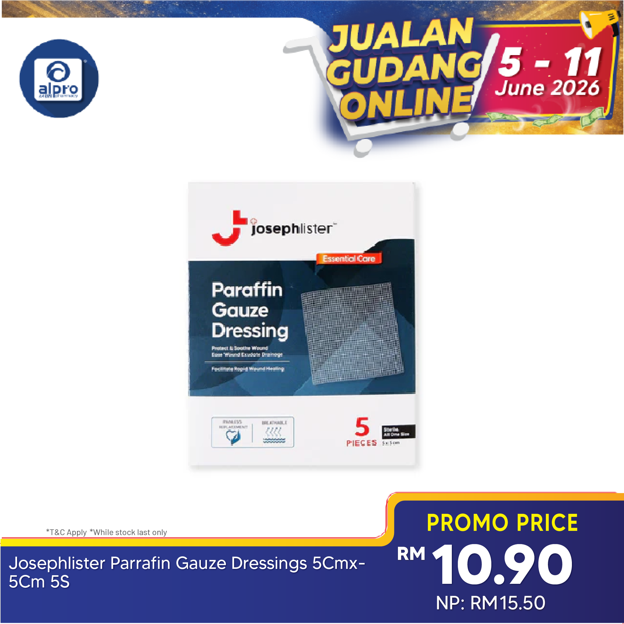 Josephlister Parrafin Gauze Dressings 5cmx5cm 5s| Protect & Soothe Wound Josephlister
