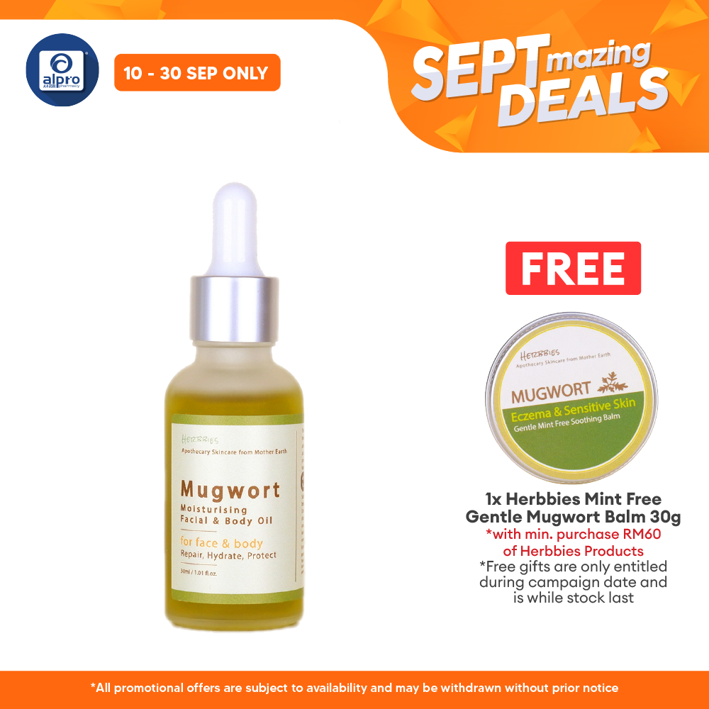 Herbbies Mugwort Moisturising Facial & Body Oil 30mL | Lightweight and Easy Skin Absorb Alpro Pharmacy