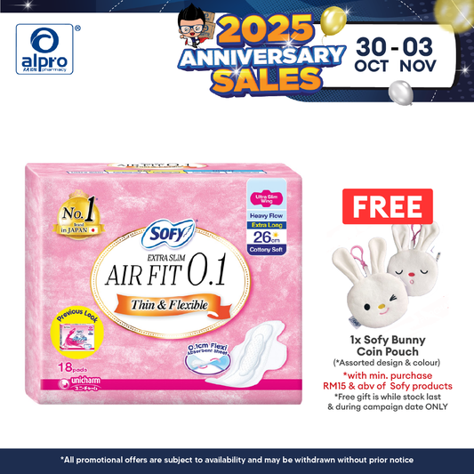Sofy Air Fit 0.1 Day Ultra Slim Wing 26cm 18s | Thin Quick Absorbent Sheet Alpro Pharmacy