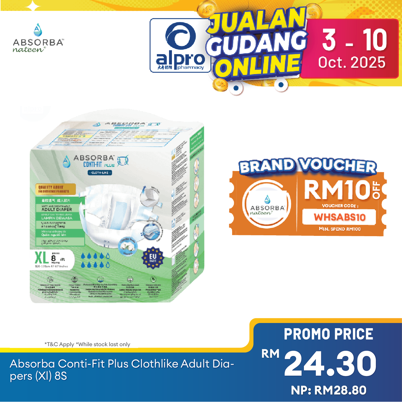 Absorba Conti-Fit Plus Cloth-like Adult Diapers (XL) 8s Alpro Pharmacy
