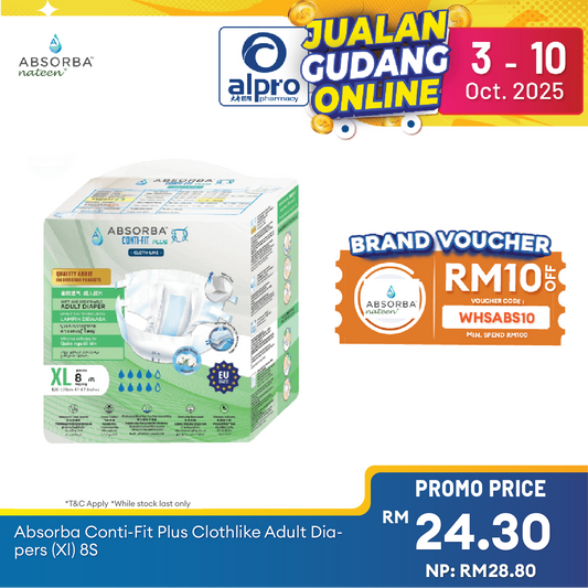 Absorba Conti-Fit Plus Cloth-like Adult Diapers (XL) 8s Alpro Pharmacy