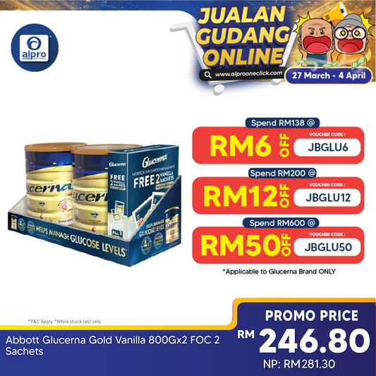 Abbott Glucerna Gold Vanilla 800gx2 FOC 2 Sachets | Complete Nutrition Glucerna