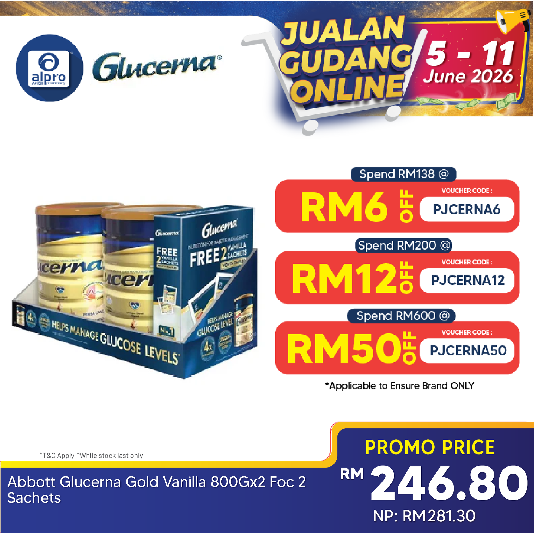 Abbott Glucerna Gold Vanilla 800gx2 FOC 2 Sachets | Complete Nutrition Glucerna