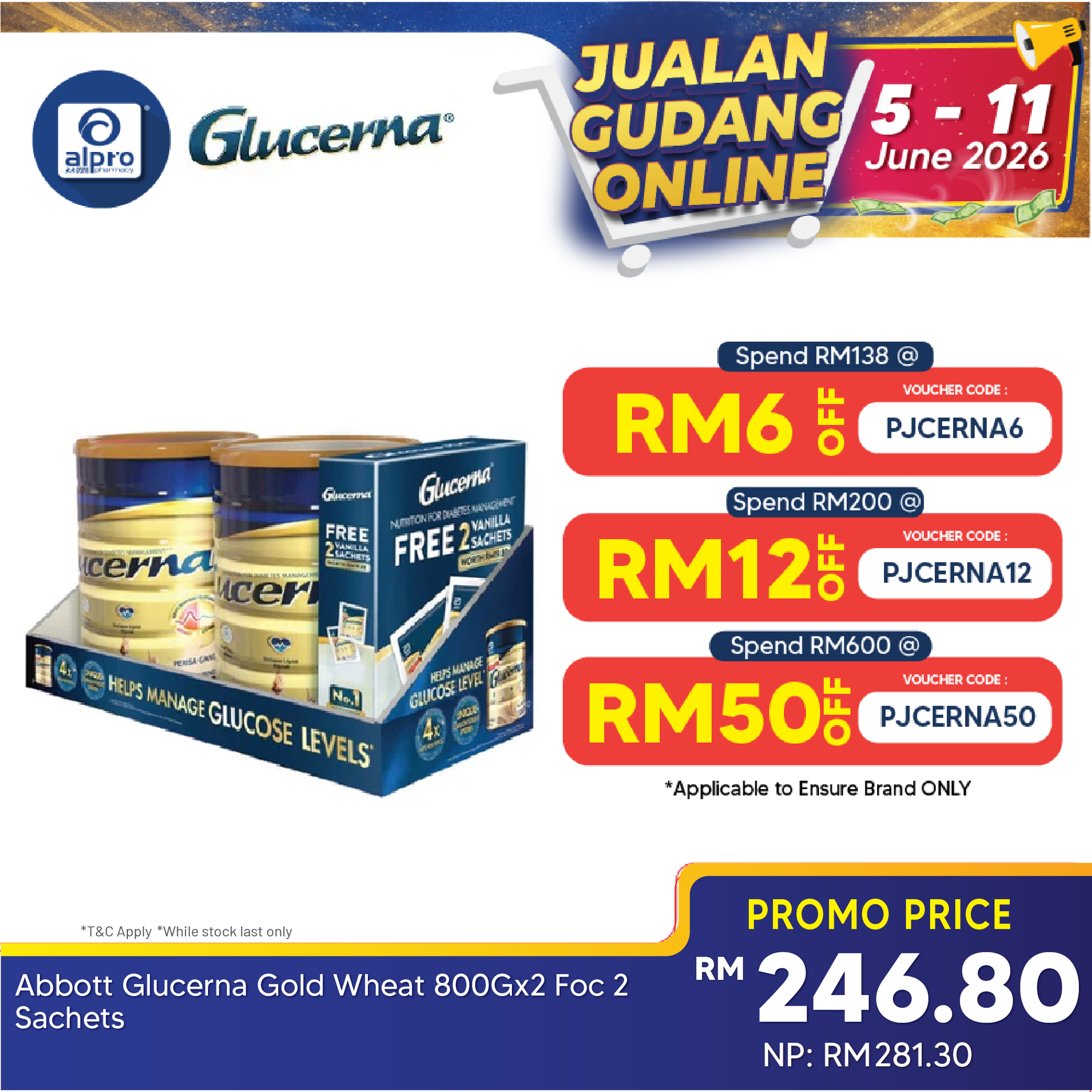 Abbott Glucerna Gold Wheat 800g x2 FOC 2 Sachets  Complete Nutrition Glucerna