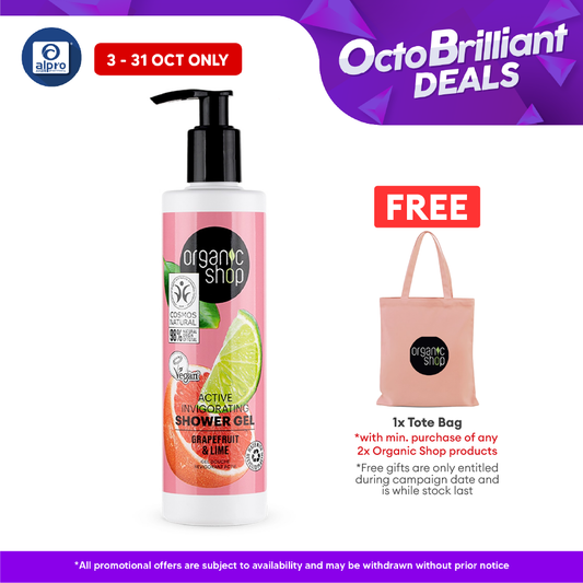 Organic Shop Active Invigorating Shower Gel Grapefruit and Lime 280mL | Softens & Recharges Skin Alpro Pharmacy