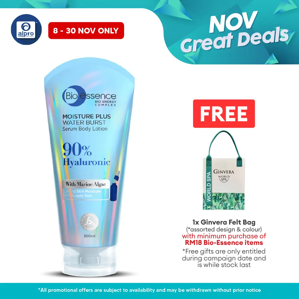 Bio essence Moisture Plus Water Burst 90% Hyaluronic Serum Body Lotion 300mL | Deep Hydration Bouncy Skin Alpro Pharmacy