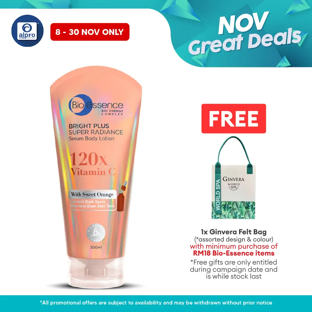 Bio essence Bright Plus Super Radiance 120x Vitamin C Serum Body Lotion 300mL | Brightens Skin Tone and Glow Bio essence