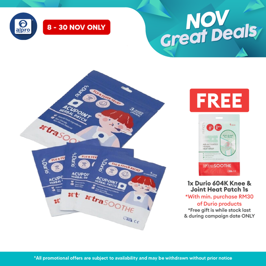 Durio 605 Acupoint Flu & Fever Patch 3s | Skin Friendly Non-Woven Material Alpro Pharmacy