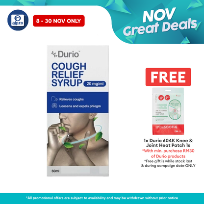 Durio Cough Relief Syrup 20mg/mL 60mL | Loosens & Expels Phlegm Alpro Pharmacy