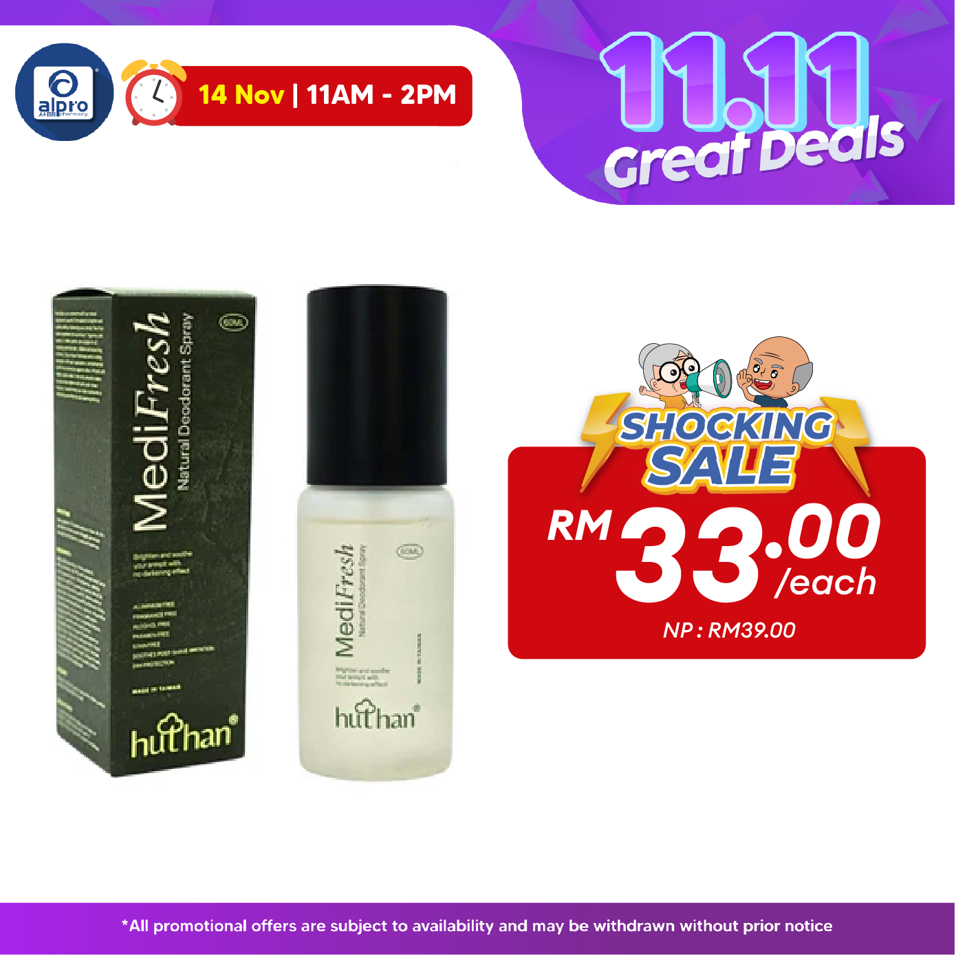 huthan Medifresh Natural Deodorant Spray 60mL | Brighten & Soothe Armpit Alpro Pharmacy