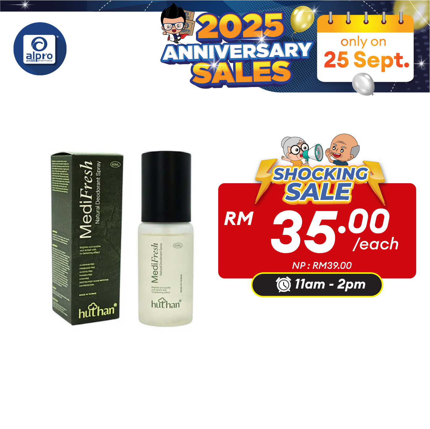 huthan Medifresh Natural Deodorant Spray 60mL | Brighten & Soothe Armpit Alpro Pharmacy