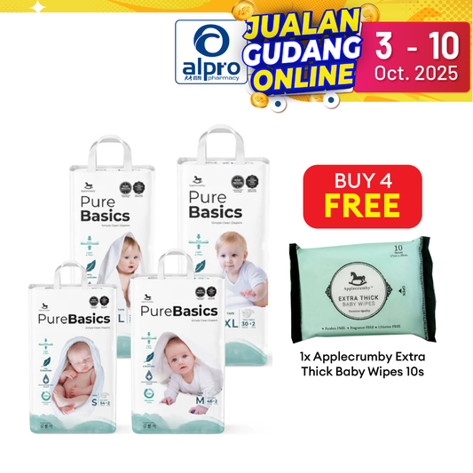 Applecrumby Purebasics Tape Diaper (S~XL) | Chlorine Free Gentle On Baby’s Skin Applecrumby