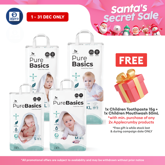 Applecrumby Purebasics Tape Diaper (S~XL) | Chlorine Free Gentle On Baby’s Skin Applecrumby