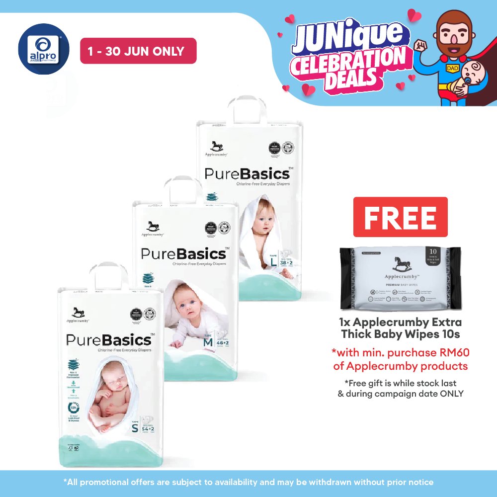 Applecrumby Purebasics Tape Diaper (S~L) | Chlorine Free Gentle On Baby’s Skin Applecrumby