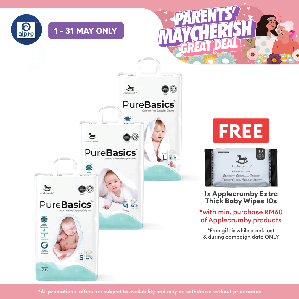Applecrumby Purebasics Tape Diaper (S~L) | Chlorine Free Gentle On Baby’s Skin Applecrumby