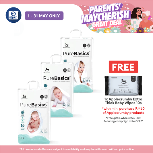 Applecrumby Purebasics Tape Diaper (S~L) | Chlorine Free Gentle On Baby’s Skin Applecrumby