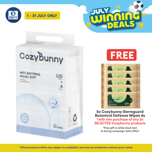 CozyBunny Velvet Soft Antibacterial Facial Tissues 4ply (Homely 120s/ Go-To 40s) | Antibacterial & Soothe Skin CozyBunny