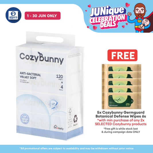 CozyBunny Velvet Soft Antibacterial Facial Tissues 4ply (Homely 120s/ Go-To 40s) | Antibacterial & Soothe Skin CozyBunny