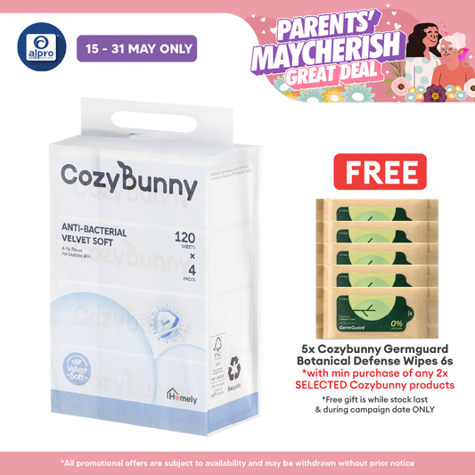 CozyBunny Velvet Soft Antibacterial Facial Tissues 4ply (Homely 120s/ Go-To 40s) | Antibacterial & Soothe Skin CozyBunny