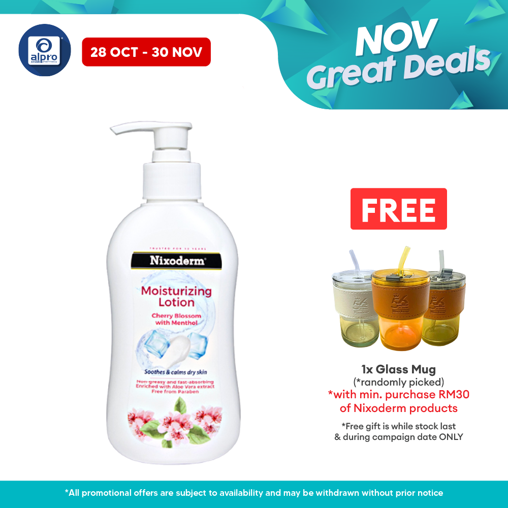 Nixoderm Moisturizing Lotion Cherry Blossom with Menthol 250mL | Cooling Effect for Itchy Skin Alpro Pharmacy