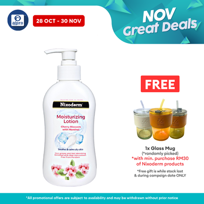 Nixoderm Moisturizing Lotion Cherry Blossom with Menthol 250mL | Cooling Effect for Itchy Skin Alpro Pharmacy