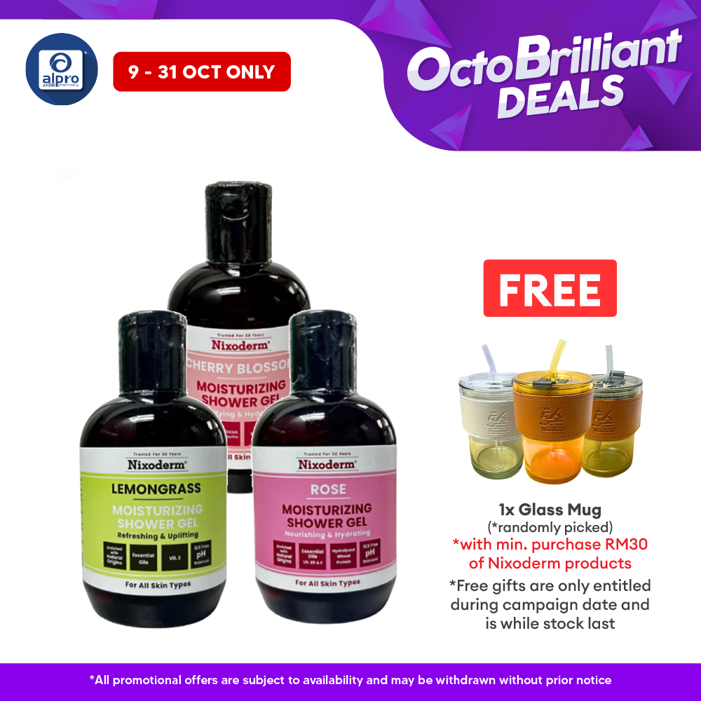 Nixoderm Moisturizing Shower Gel (Rose/ Lemongrass/ Cherry Blossom) 300mL | Pleasant Natural Scented Shower Gel Alpro Pharmacy