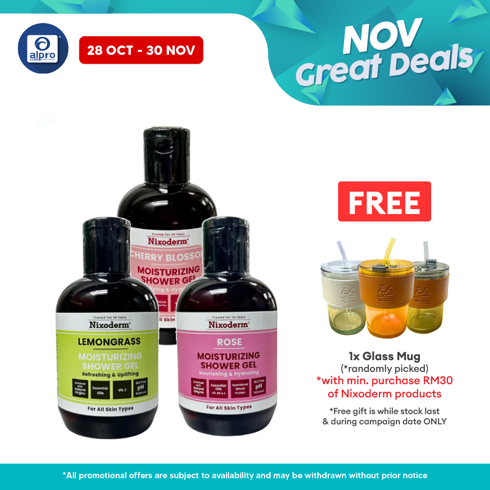 Nixoderm Moisturizing Shower Gel (Rose/ Lemongrass/ Cherry Blossom) 300mL | Pleasant Natural Scented Shower Gel Alpro Pharmacy