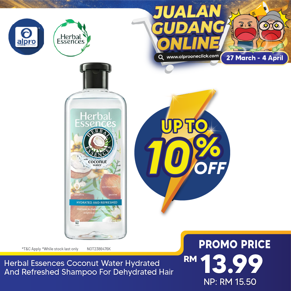 Herbal Essences Coconut Water Hydrated And Refreshed Shampoo For Dehydrated Hair  400ml | Hydrating Herbal Essences