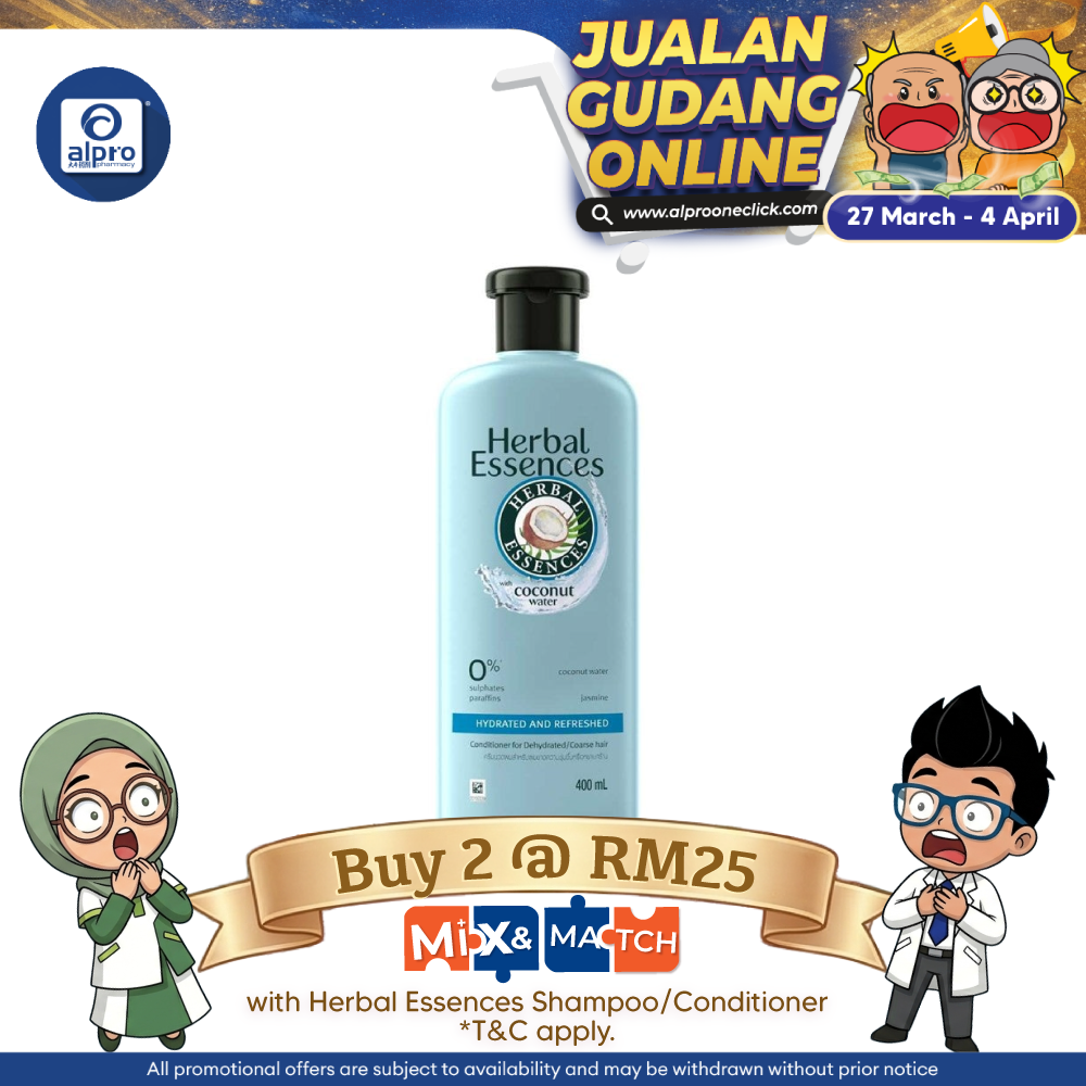 Herbal Essences Coconut Water Hydrated And Refreshed Conditioner For Dehydrated Hair 400ml | Hydrate and Smooth Herbal Essences