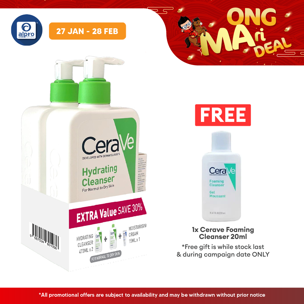 CeraVe Hydrating Cleanser 473mL 2s + Moisturising Cream 15mL | Restore Skin’s Natural Barrier Cerave