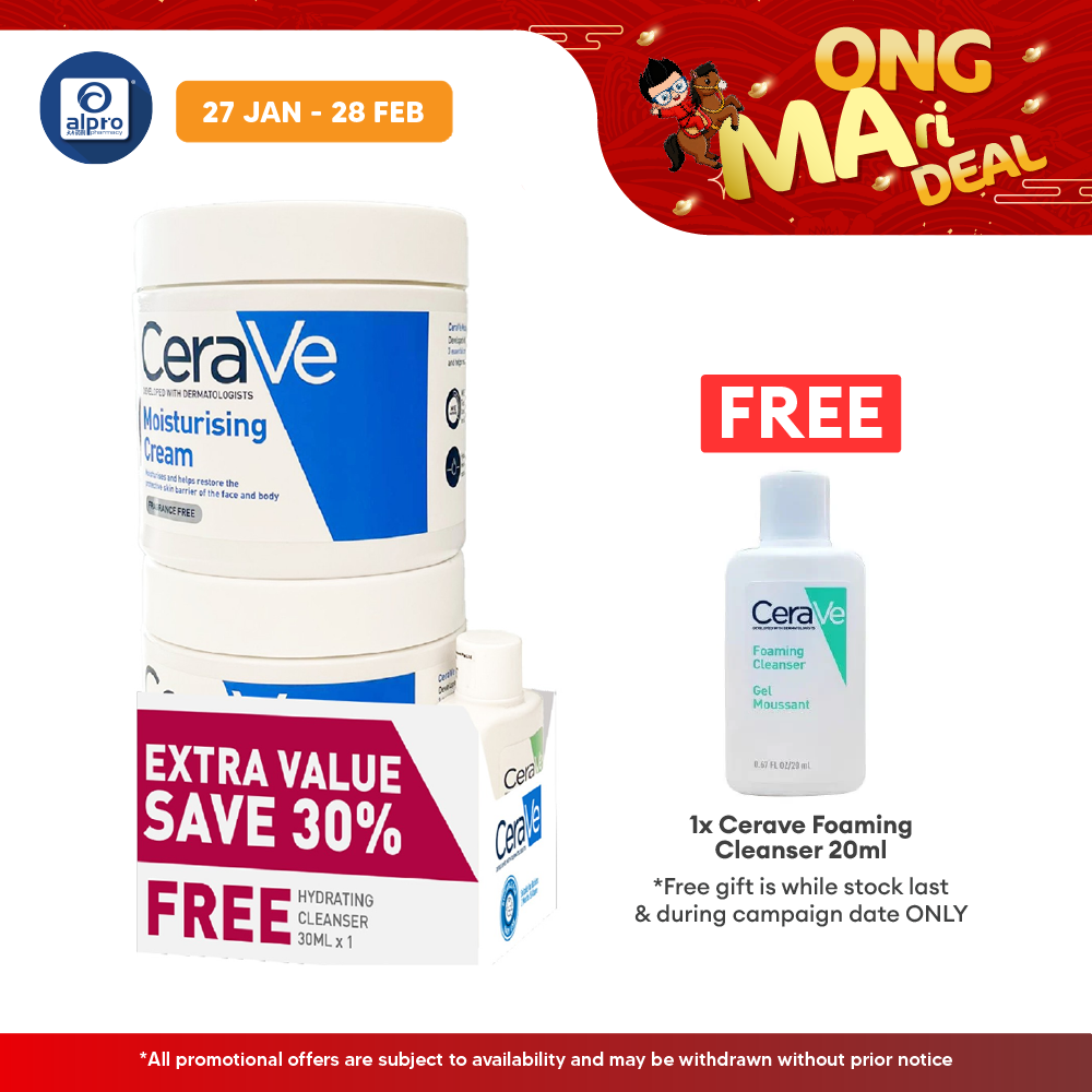 CeraVe Moisturising Cream 2s + Hydrating Cleanser 30mL | Non-Greasy & Sticky & No Fragrance Alpro Pharmacy