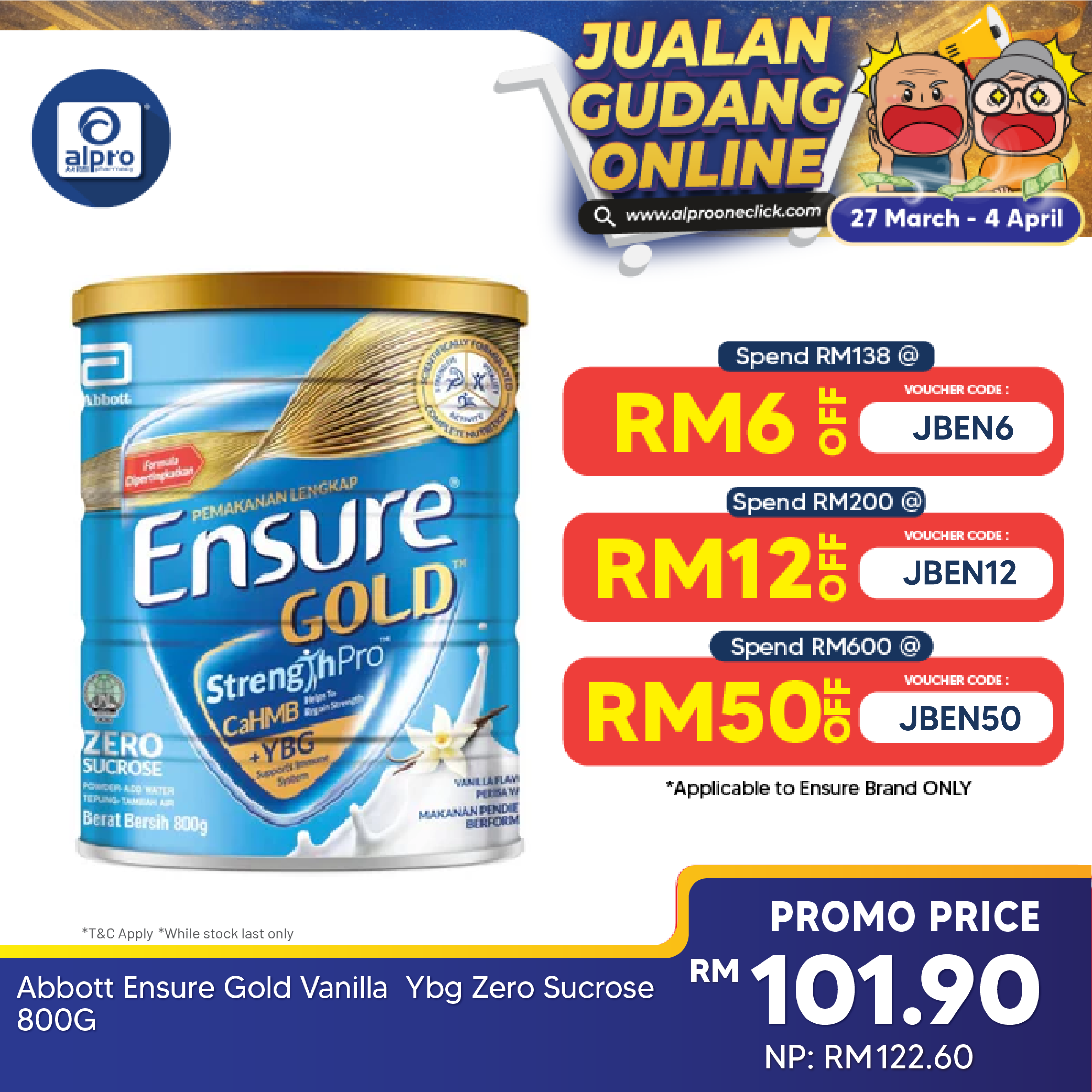 Abbott Ensure Gold Vanilla  YBG Zero Sucrose 800g | Complete Nutrition Ensure