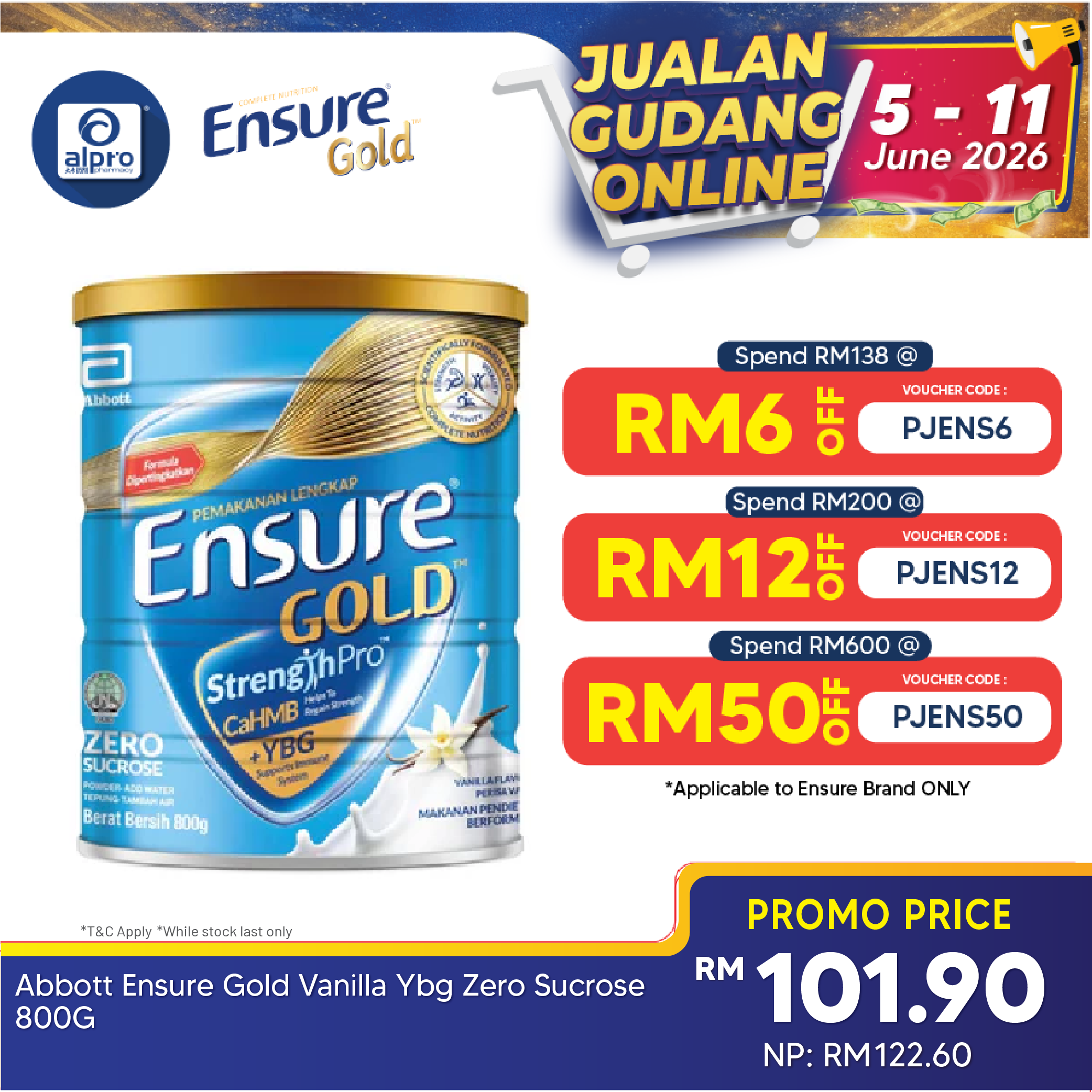Abbott Ensure Gold Vanilla  YBG Zero Sucrose 800g | Complete Nutrition Ensure