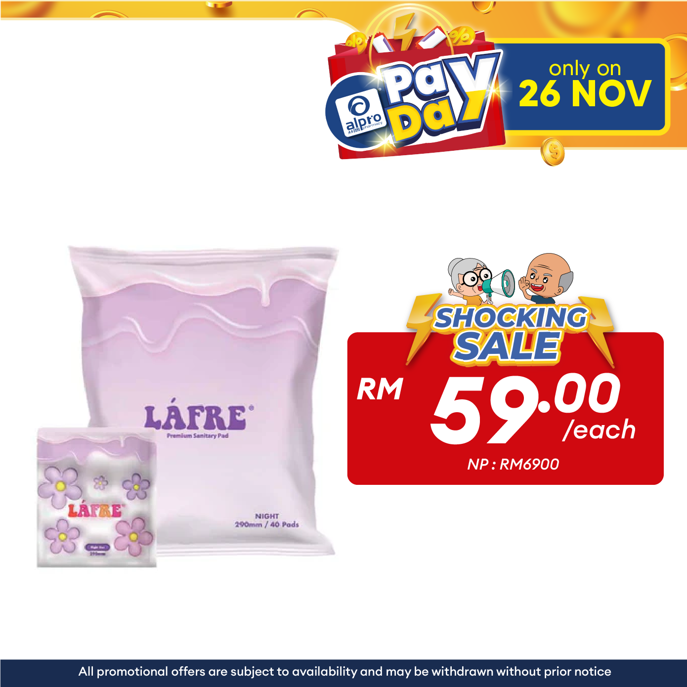 Lafre Premium Sanitary Pads Night Use 290mm 40s | Comfy Dry and Breathable Alpro Pharmacy