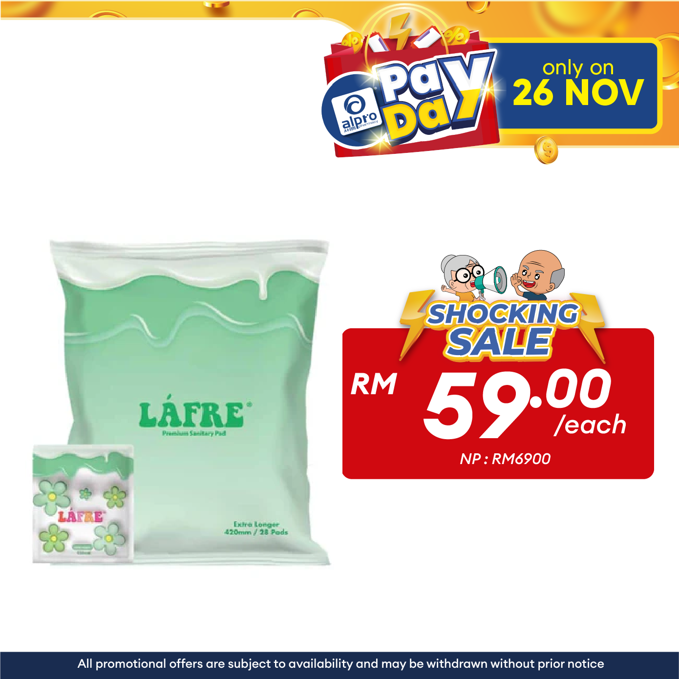 Lafre Premium Sanitary Pads Extra Longer 420mm 28s | Comfy Dry and Breathable Alpro Pharmacy