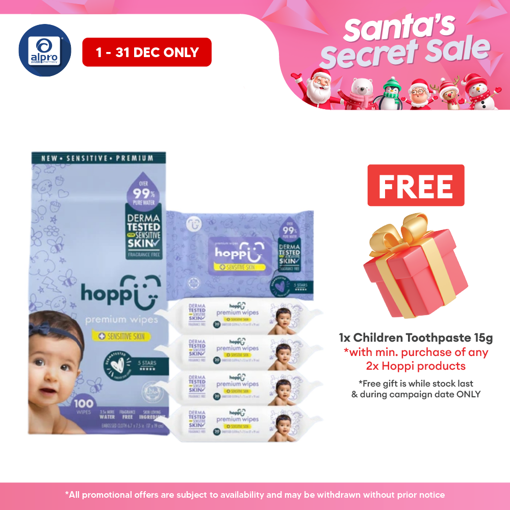 Hoppi 99% Premium Water Baby Wipes 20 Sheets per Pack - 5 In 1 Bundle Pack | Suitable For Newborns & Sensitive Skins Alpro Pharmacy