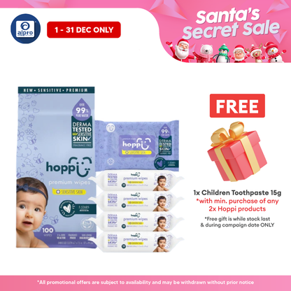 Hoppi 99% Premium Water Baby Wipes 20 Sheets per Pack - 5 In 1 Bundle Pack | Suitable For Newborns & Sensitive Skins Alpro Pharmacy