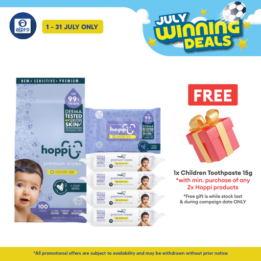 Hoppi 99% Premium Water Baby Wipes 20 Sheets per Pack - 5 In 1 Bundle Pack | Suitable For Newborns & Sensitive Skins Hoppi