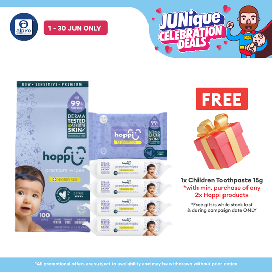 Hoppi 99% Premium Water Baby Wipes 20 Sheets per Pack - 5 In 1 Bundle Pack | Suitable For Newborns & Sensitive Skins Hoppi