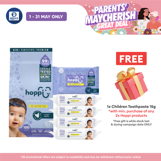 Hoppi 99% Premium Water Baby Wipes 20 Sheets per Pack - 5 In 1 Bundle Pack | Suitable For Newborns & Sensitive Skins Alpro Pharmacy