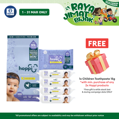 Hoppi 99% Premium Water Baby Wipes 20 Sheets per Pack - 5 In 1 Bundle Pack | Suitable For Newborns & Sensitive Skins Alpro Pharmacy