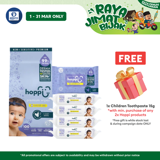 Hoppi 99% Premium Water Baby Wipes 20 Sheets per Pack - 5 In 1 Bundle Pack | Suitable For Newborns & Sensitive Skins Alpro Pharmacy