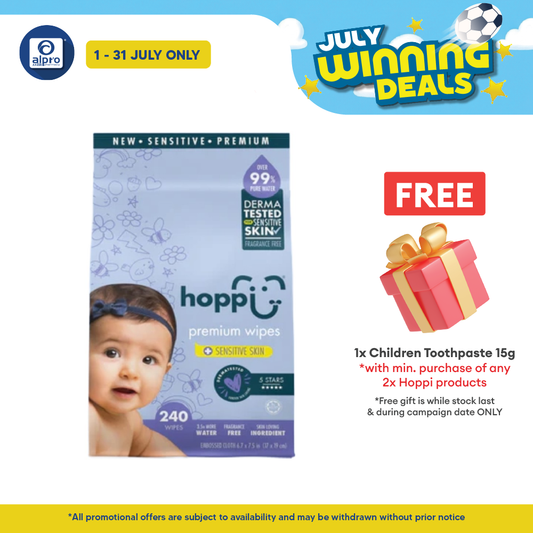 Hoppi 99% Premium Water Baby Wipes 80 Sheets per Pack - 3 In 1 Bundle Pack | Suitable For Newborns & Sensitive Skins Hoppi